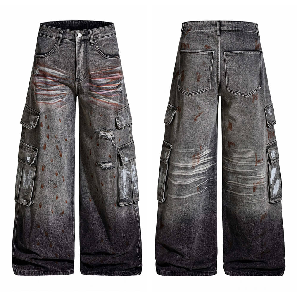 Retro Splatter Paint Distressed Ripped Wide-Leg Jeans | Gthic.com