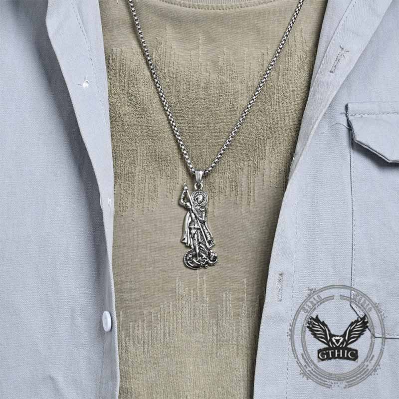 Retro St. George Slay Dragon Stainless Steel Pendant 02 | Gthic.com