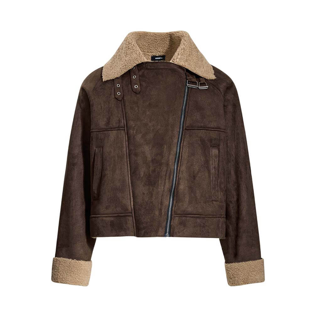 Retro Stand Collar Diagonal Zipper Suede Motorcycle Jacket | Gthic.com