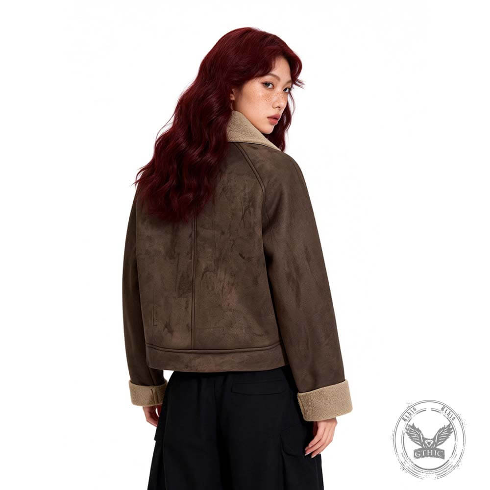 Retro Stand Collar Diagonal Zipper Suede Motorcycle Jacket | Gthic.com