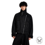 Retro Stand Collar Diagonal Zipper Suede Motorcycle Jacket | Gthic.com