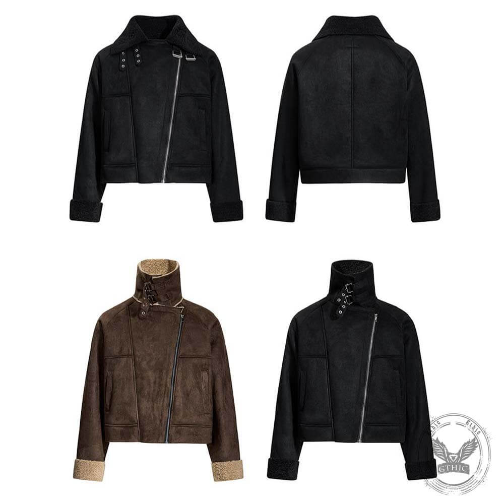Retro Stand Collar Diagonal Zipper Suede Motorcycle Jacket
