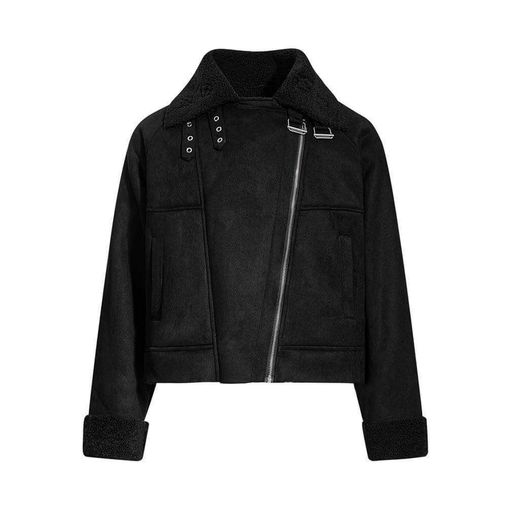 Retro Stand Collar Diagonal Zipper Suede Motorcycle Jacket