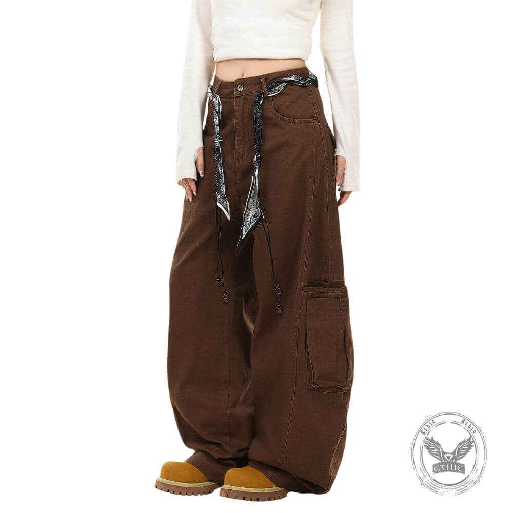 Retro Street Style Loose Wide-Leg Cargo Scimitar Pants | Gthic.com