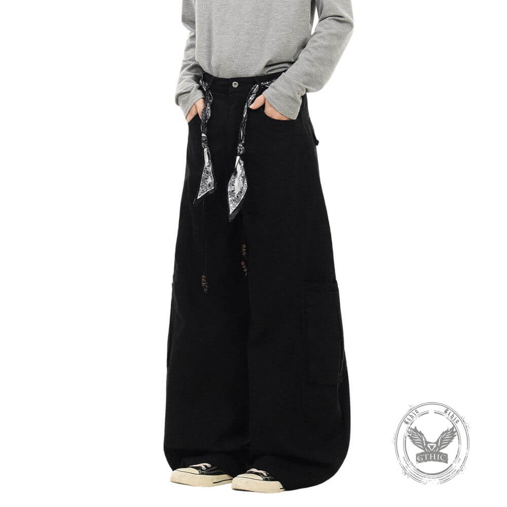 Retro Street Style Loose Wide-Leg Cargo Scimitar Pants | Gthic.com
