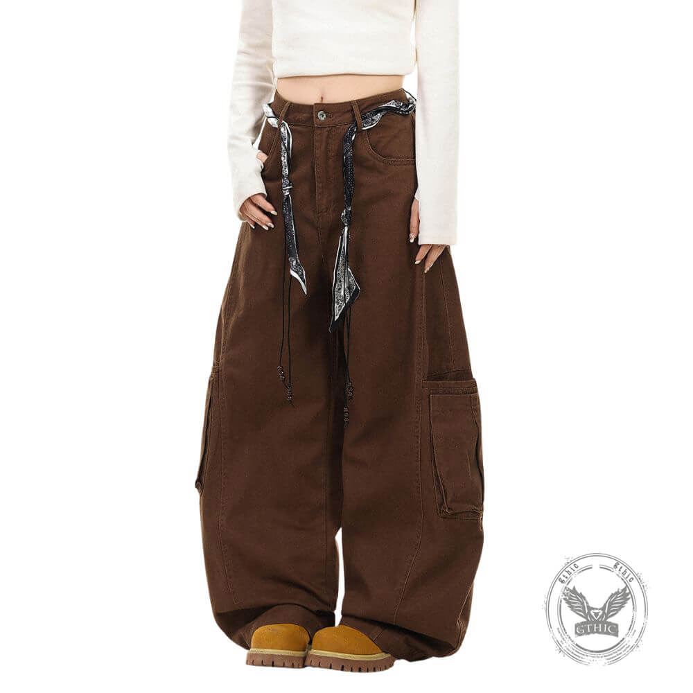 Retro Street Style Loose Wide-Leg Cargo Scimitar Pants | Gthic.com