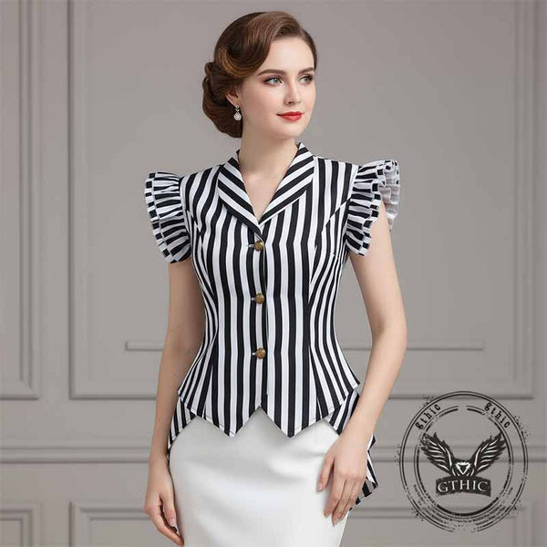 Retro Striped Print Lace-Up Ruffle Sleeves Top | Gthic.com
