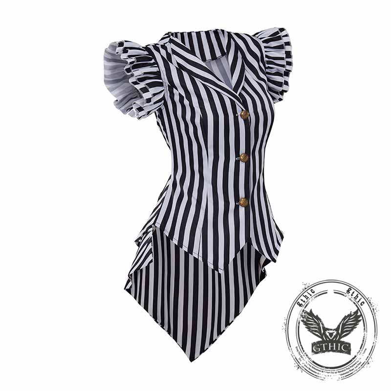 Retro Striped Print Lace-Up Ruffle Sleeves Top | Gthic.com