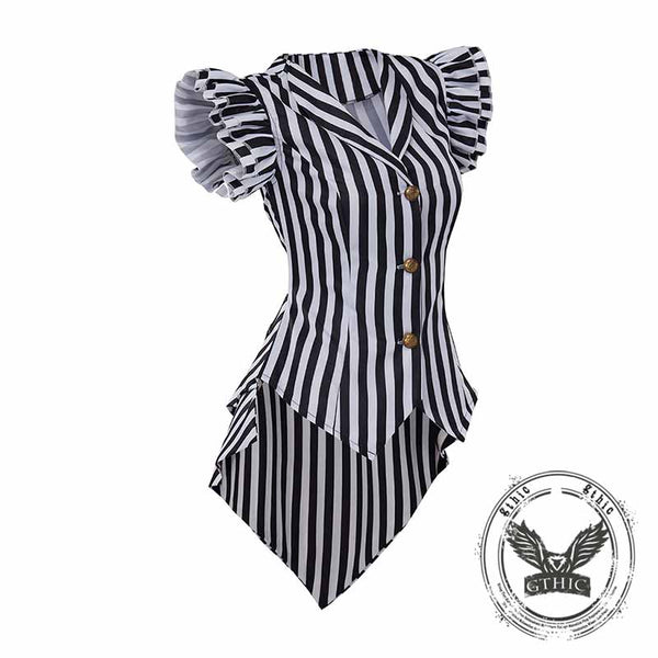Retro Striped Print Lace-Up Ruffle Sleeves Top | Gthic.com