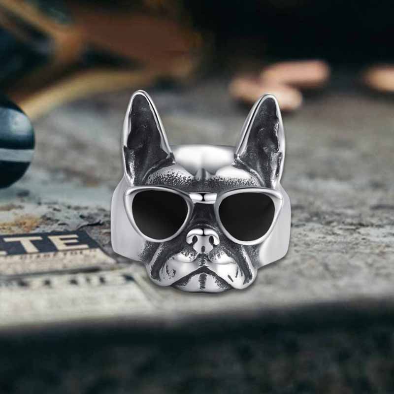 Retro Sunglasses Puppy Drip Glue Stainless Steel Ring 01 | Gthic.com