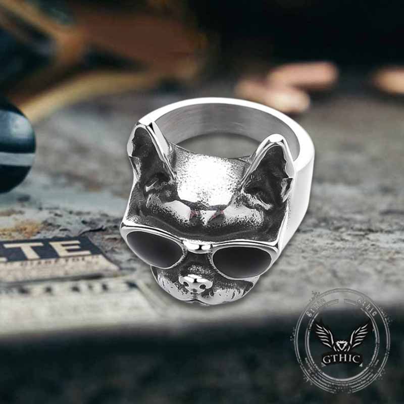 Retro Sunglasses Puppy Drip Glue Stainless Steel Ring 03 | Gthic.com