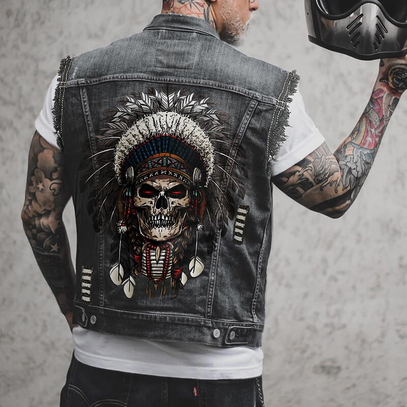 Retro Tribal Skull Print Lapel Motorcycle Denim Vest | Gthic.com