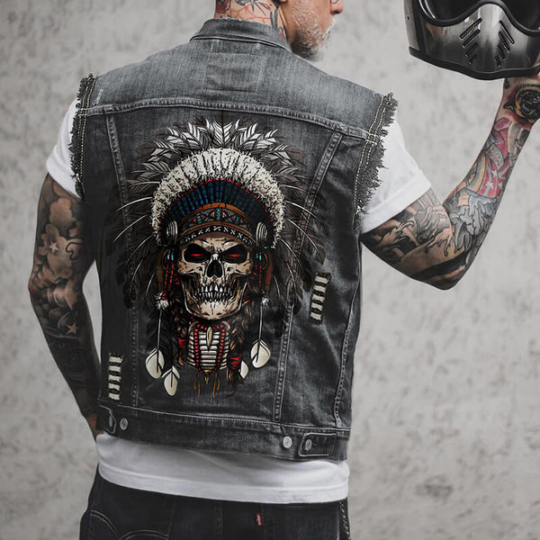 ジャケット・アウター dark wear skull denim vest Y2K archive Retro Tribal Skull Print Lapel Motorcycle Denim Vest – GTHIC