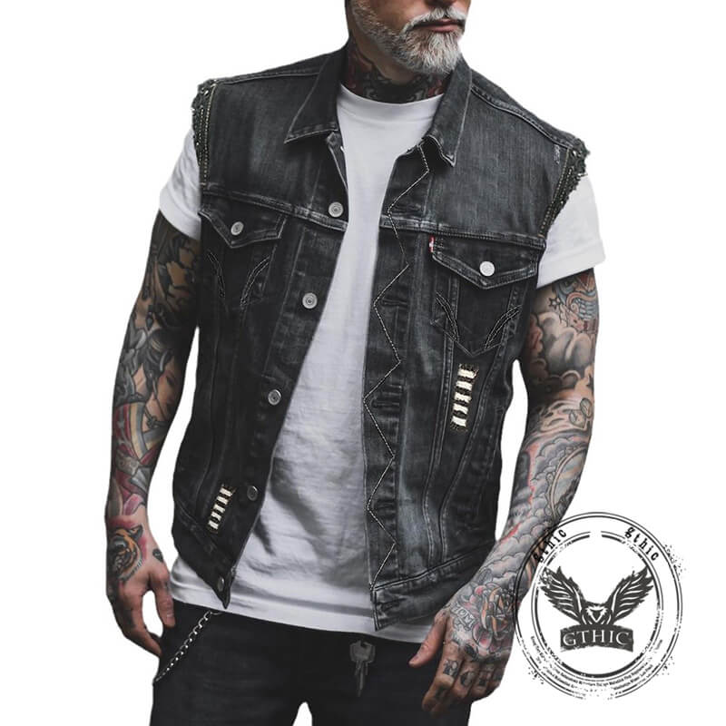 Retro Tribal Skull Print Lapel Motorcycle Denim Vest | Gthic.com