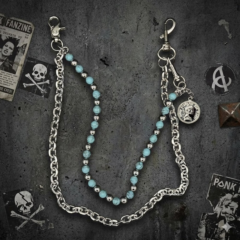 Retro Turquoise-Beaded Double-Layer Alloy Pants Chain | Gthic.com