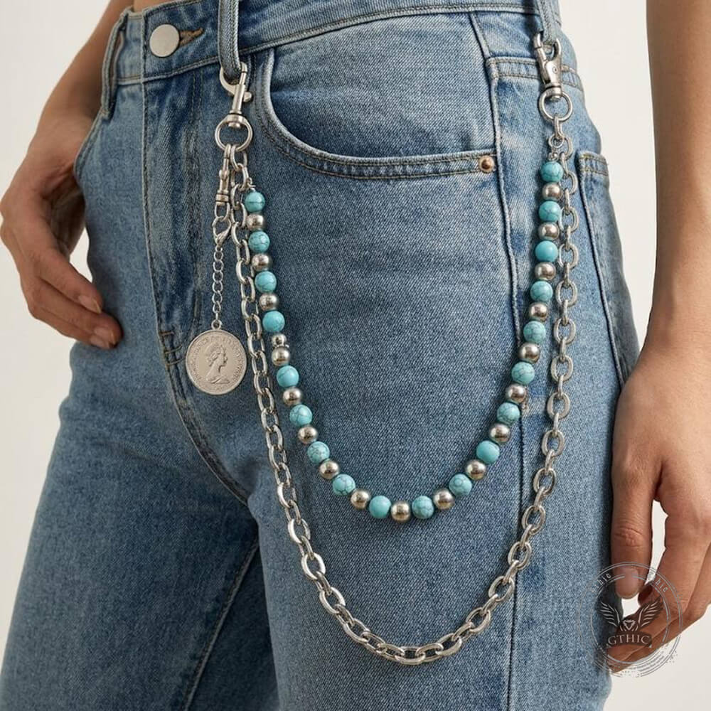 Retro Turquoise-Beaded Double-Layer Alloy Pants Chain | Gthic.com