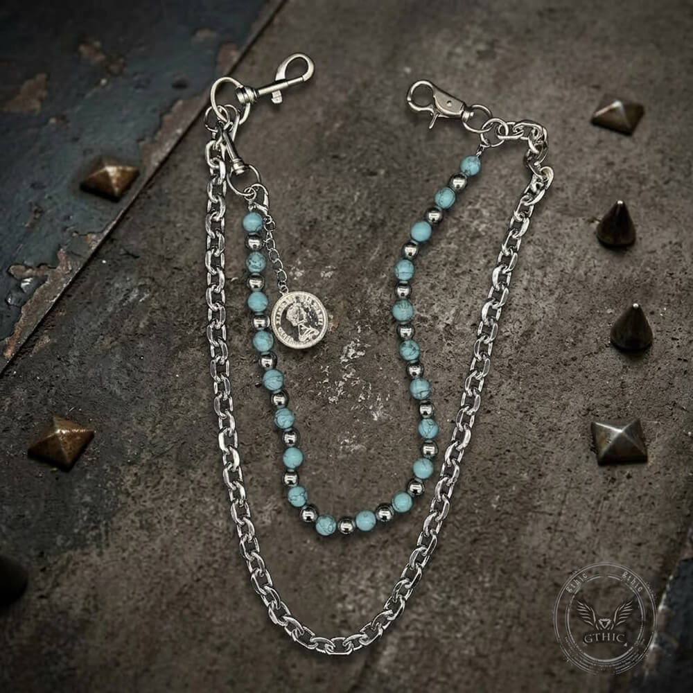 Retro Turquoise-Beaded Double-Layer Alloy Pants Chain | Gthic.com