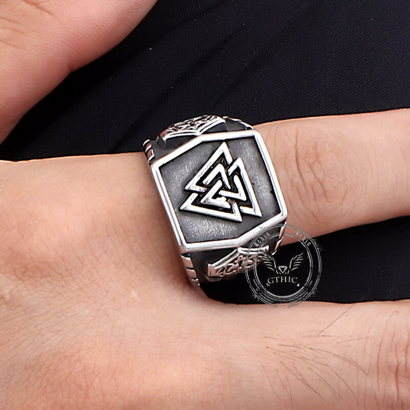 Retro Valknut Odin Triangle Stainless Steel Viking Ring 03 | Gthic.com