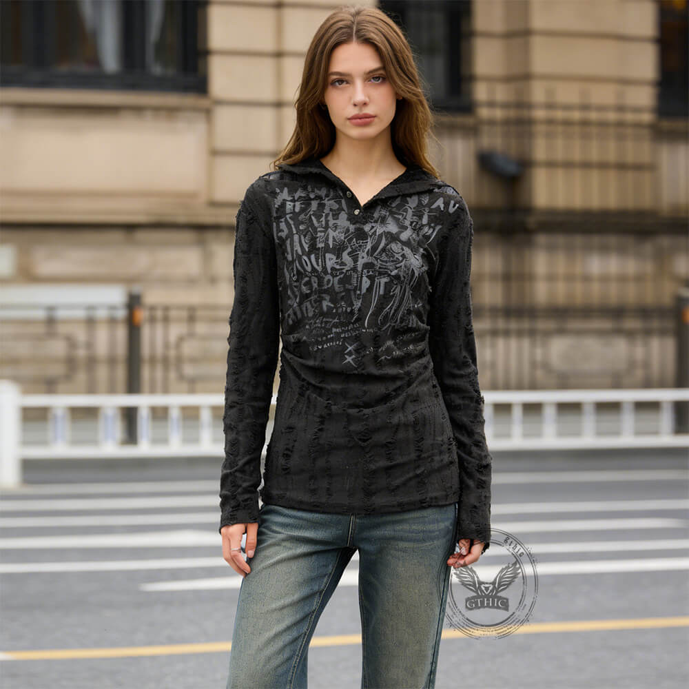 Retro Wasteland Punk Print Chain Backless Hooded Top | Gthic.com