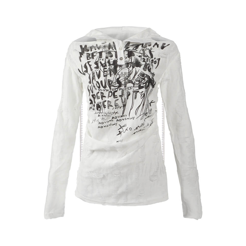 Retro Wasteland Punk Print Chain Backless Hooded Top