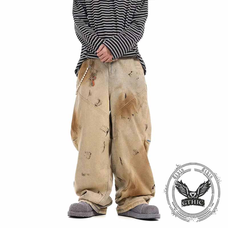 Retro Wasteland Style Distressed Loose Scimitar Jeans 02 | Gthic.com