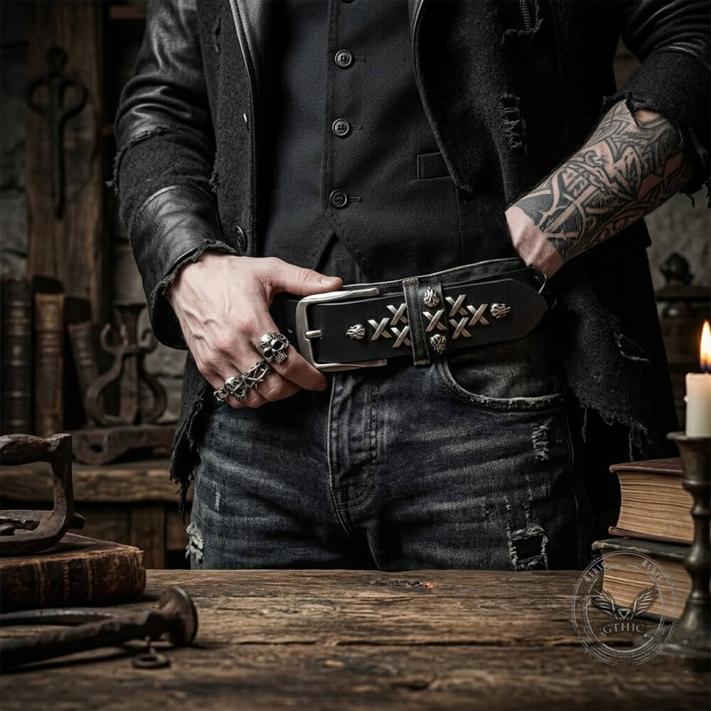 Retro Western-Style Flame Rivets Genuine Leather Belt | Gthic.com