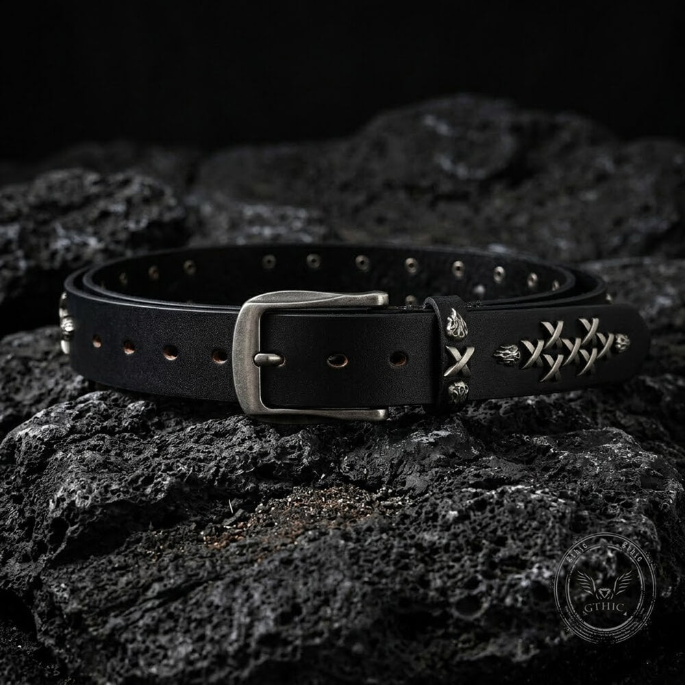 Retro Western-Style Flame Rivets Genuine Leather Belt
