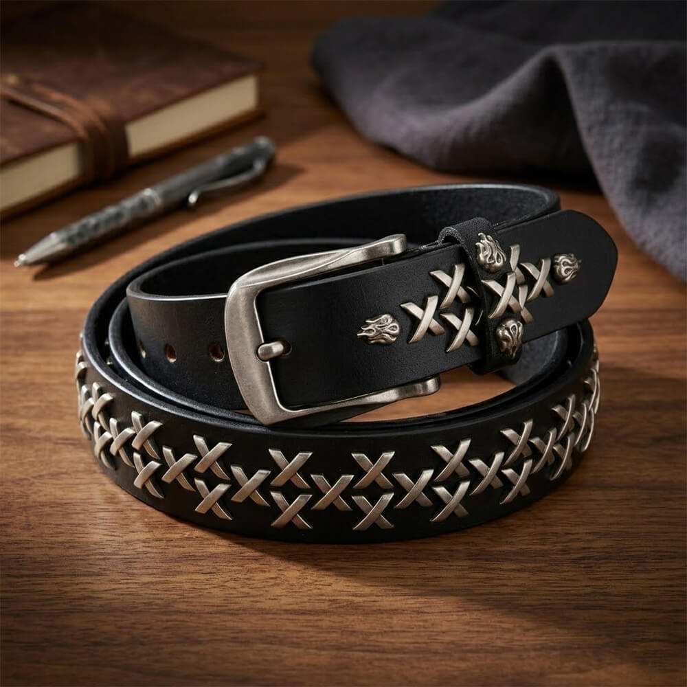Retro Western-Style Flame Rivets Genuine Leather Belt | Gthic.com