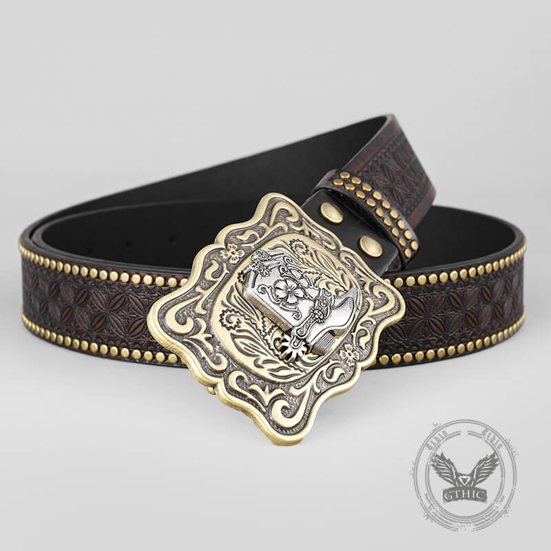 Retro Western Cowboy Bull Relief Pattern PU Leather Belt