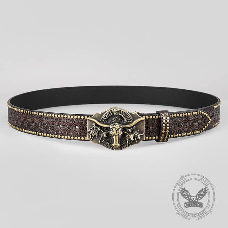 Retro Western Cowboy Bull Relief Pattern PU Leather Belt | Gthic.com