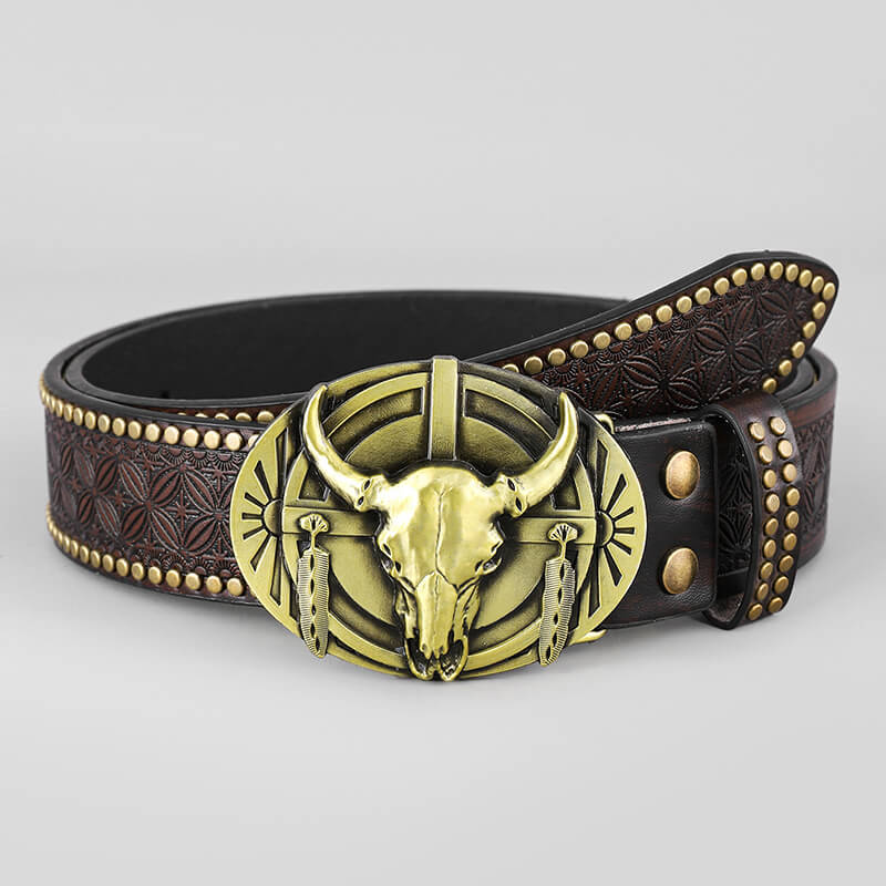 Retro Western Cowboy Bull Relief Pattern PU Leather Belt | Gthic.com