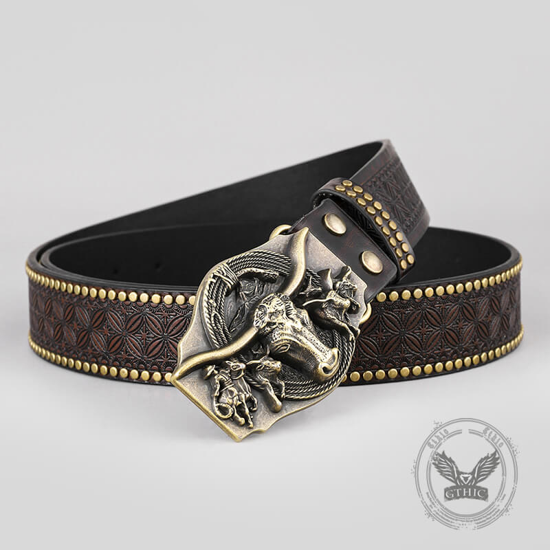 Retro Western Cowboy Bull Relief Pattern PU Leather Belt