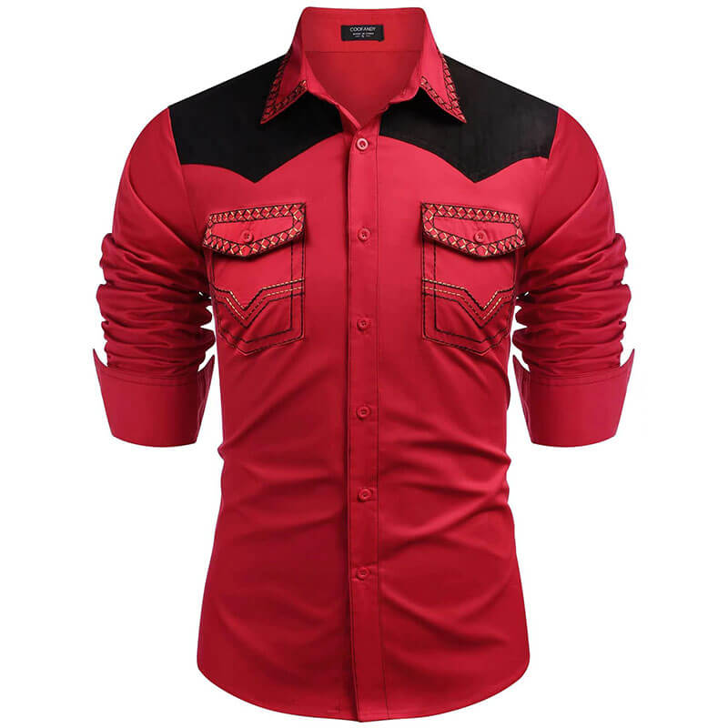 Retro Western Cowboy Patchwork Long-Sleeve Shirt