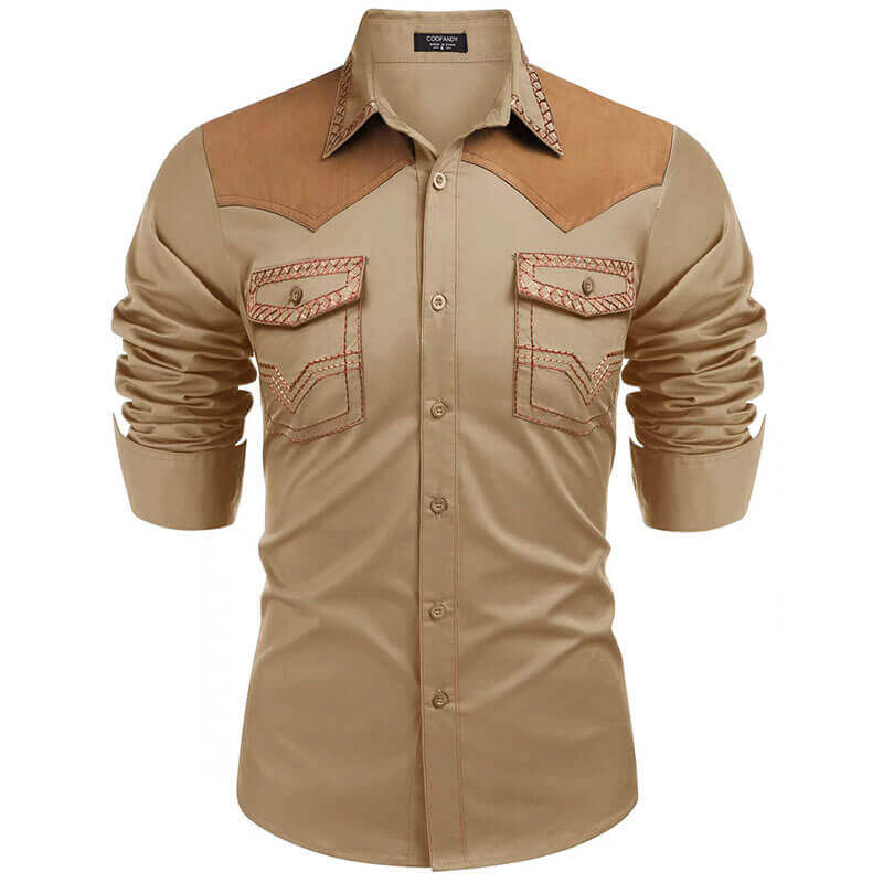 Retro Western Cowboy Patchwork Long-Sleeve Shirt