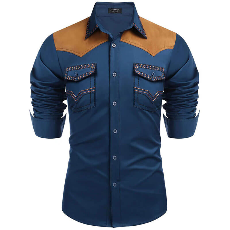 Retro Western Cowboy Patchwork Long-Sleeve Shirt