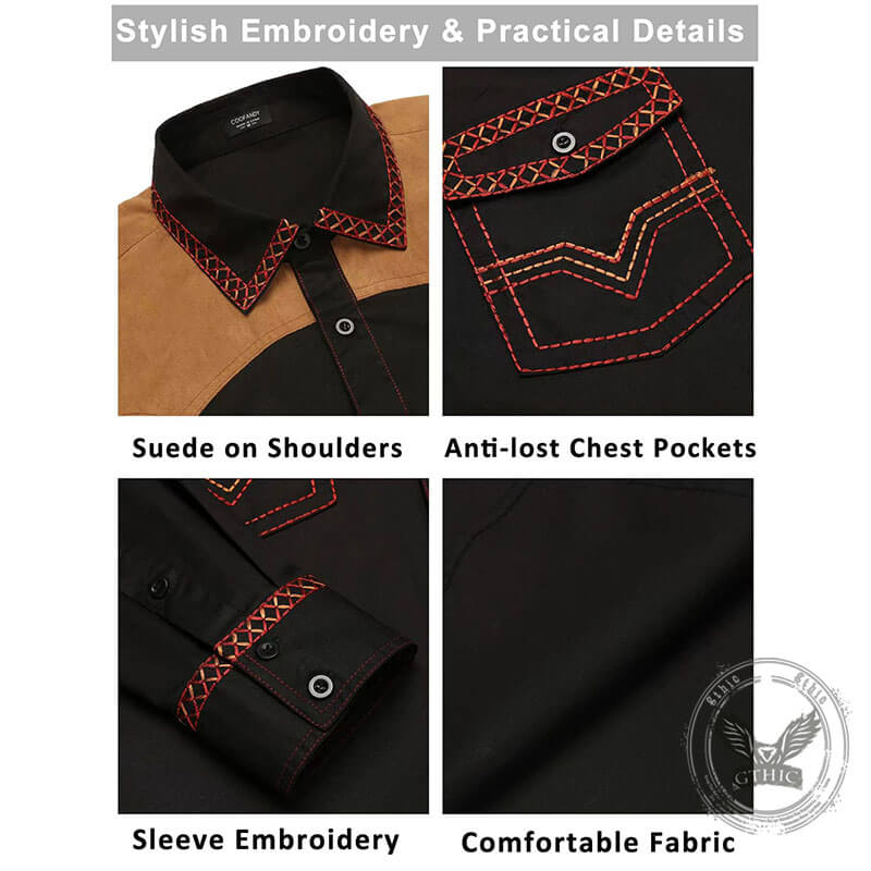 Retro Western Cowboy Patchwork Long-Sleeve Shirt