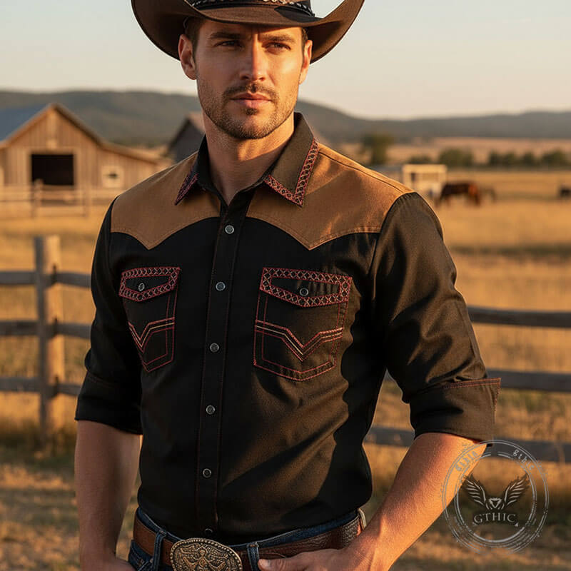 Retro Western Cowboy Patchwork Long-Sleeve Shirt | Gthic.com