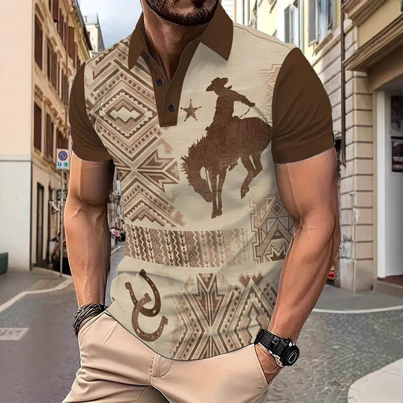 Retro Western Cowboy Print Short Sleeve Polo Shirt | Gthic.com
