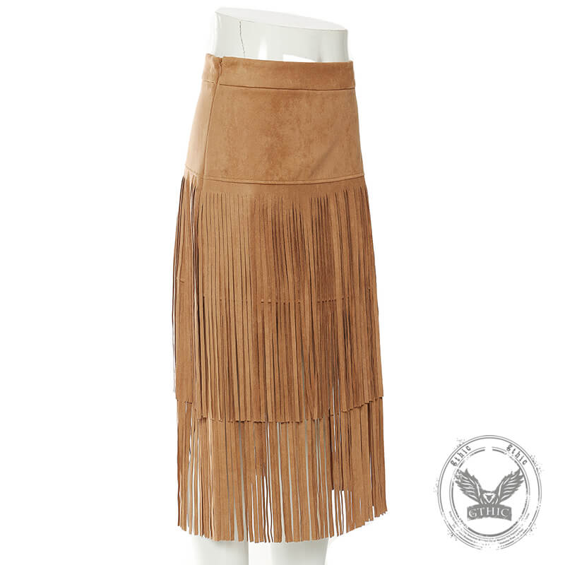Retro Wild West Cowboy-Style Fringe Midi Skirt | Gthic.com