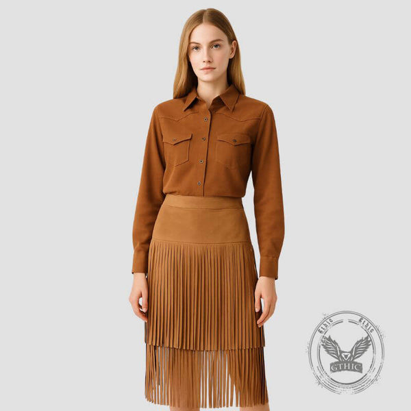 Retro Wild West Cowboy-Style Fringe Midi Skirt