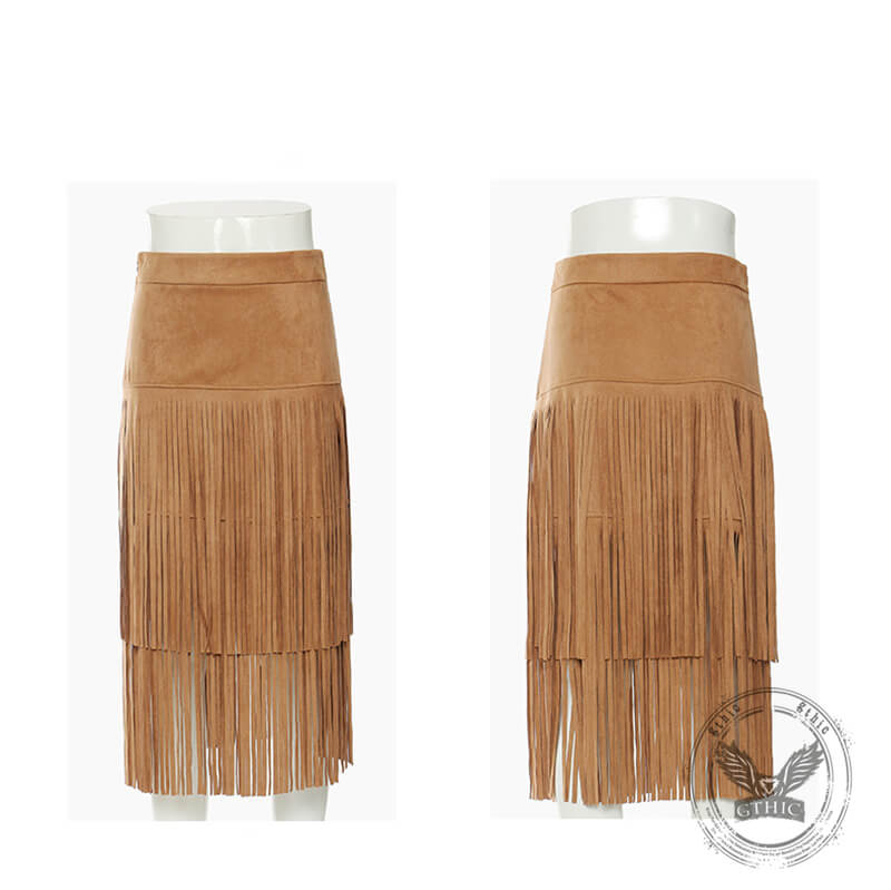 Retro Wild West Cowboy-Style Fringe Midi Skirt