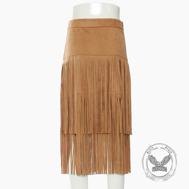 Retro Wild West Cowboy-Style Fringe Midi Skirt | Gthic.com