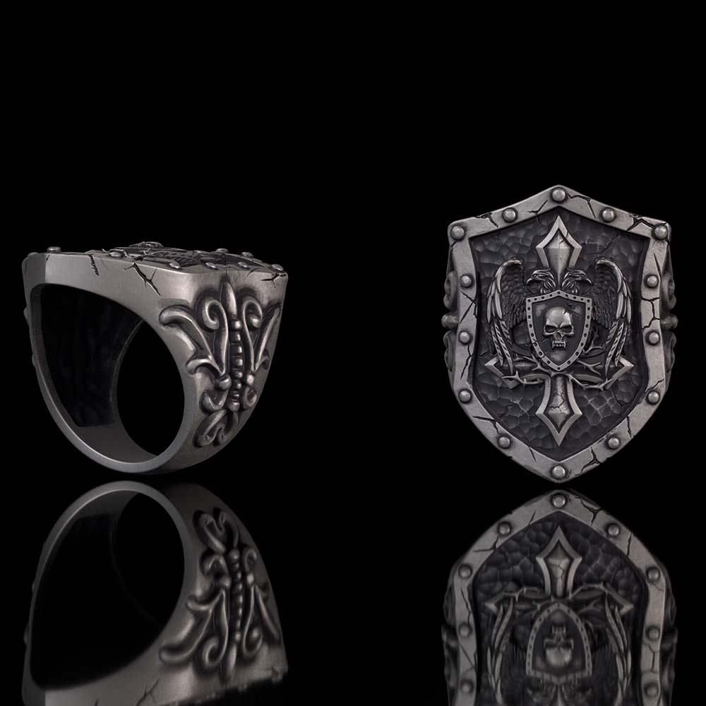 Retro Winged Skull Shield Cross Sterling Silver Ring | Gthic.com