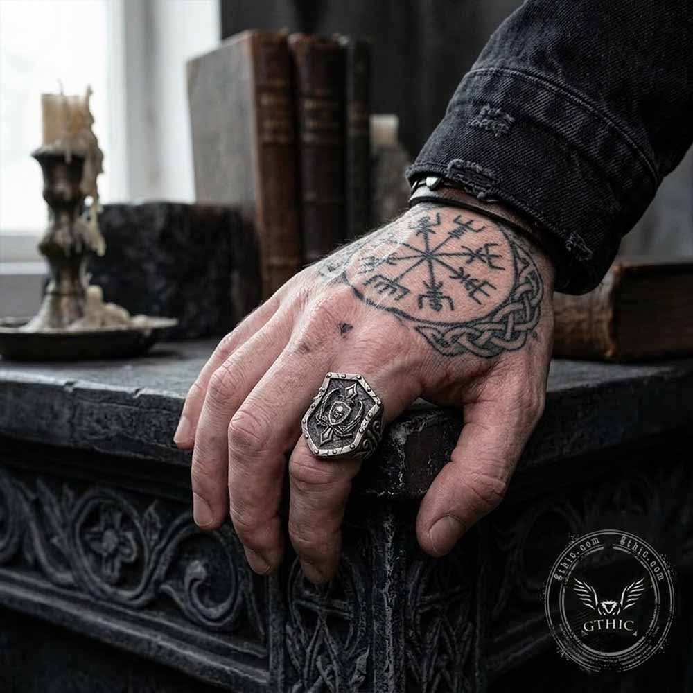 Retro Winged Skull Shield Cross Sterling Silver Ring | Gthic.com