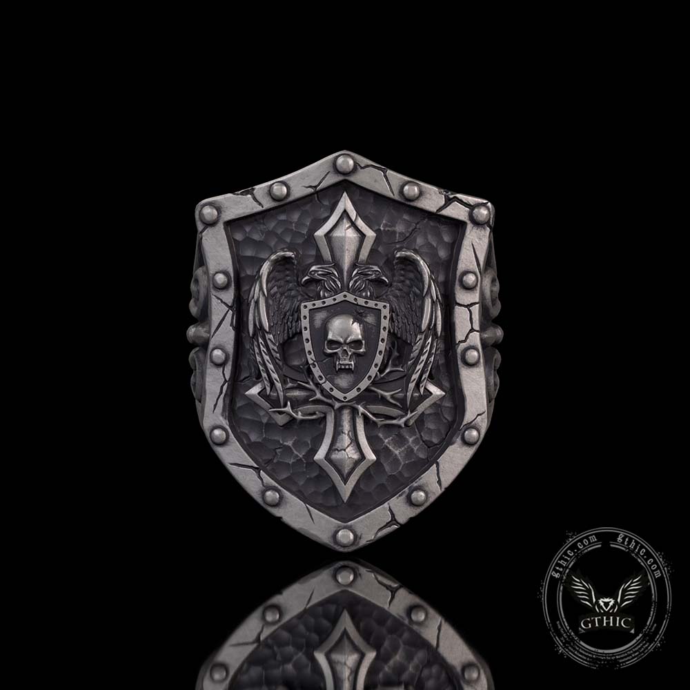 Retro Winged Skull Shield Cross Sterling Silver Ring | Gthic.com