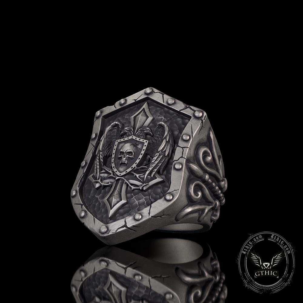 Retro Winged Skull Shield Cross Sterling Silver Ring