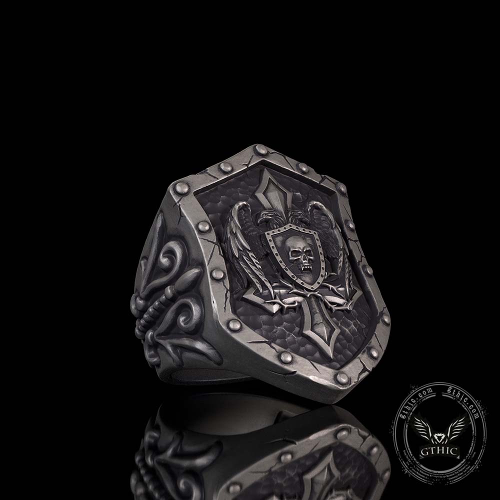 Retro Winged Skull Shield Cross Sterling Silver Ring