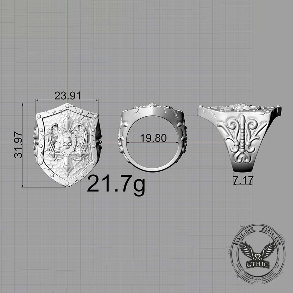 Retro Winged Skull Shield Cross Sterling Silver Ring