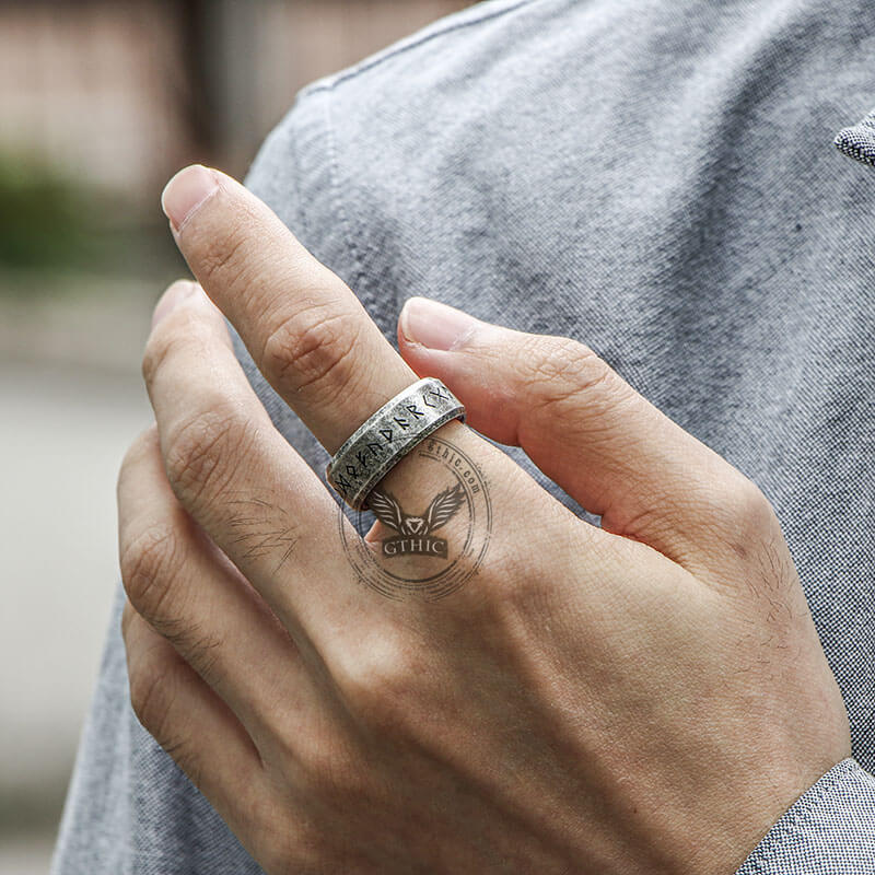 Retro Wood Runes Stainless Steel Viking Ring