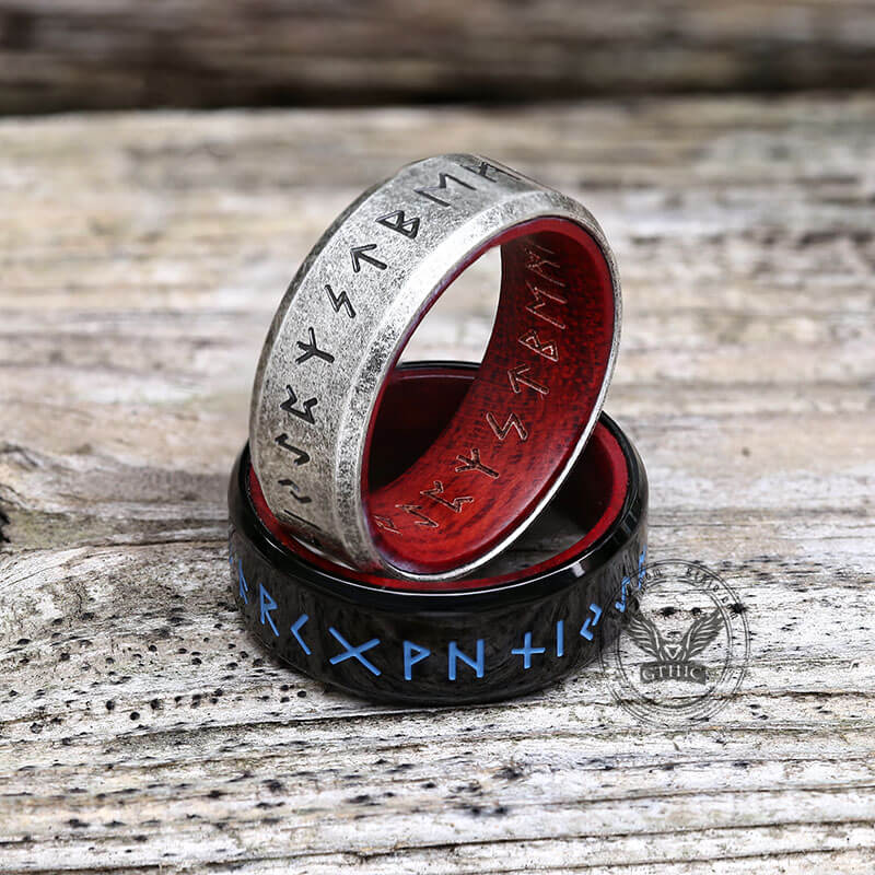 Bague viking en acier inoxydable avec runes en bois rétro